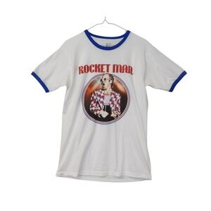 Rocketman Elton John Graphic T Shirt White Blue Ringer Tee Retro Music Size M